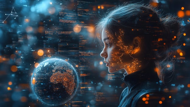 This artwork combines an abstract interpretation of Jupiter with floating data, depicting a woman contemplating the mysteries of the cosmos and technology. photo