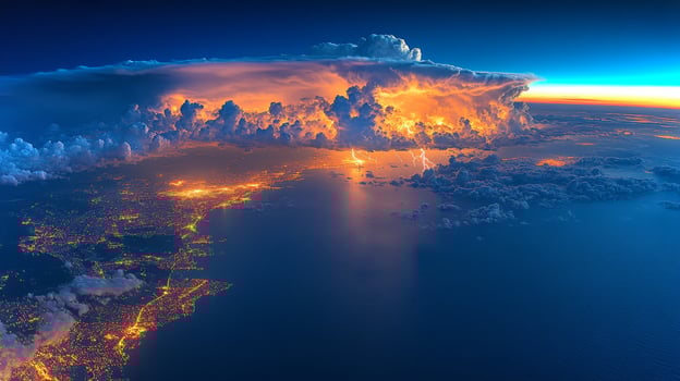 Bright city lights illuminate the land below while dramatic storm clouds gather, creating a mesmerizing sight from the International Space Station at night. photo