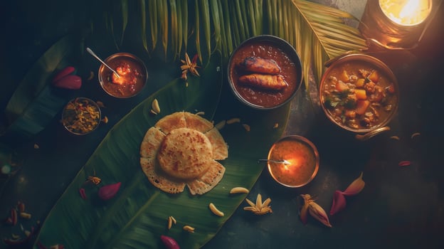 Authentic South Indian Feast Appam Stew Fish Curry Banana Leaf photo