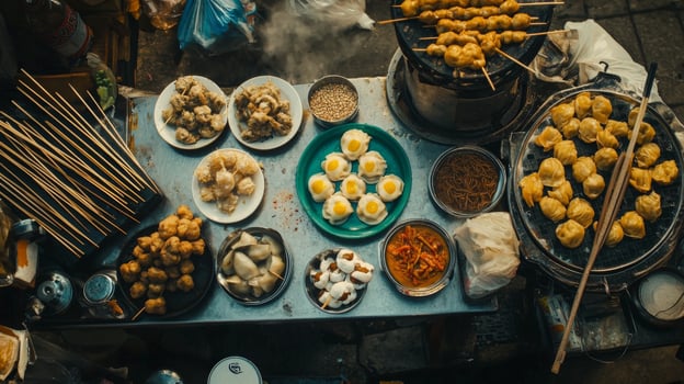 Delicious Southeast Asian Street Food Market Overhead View photo
