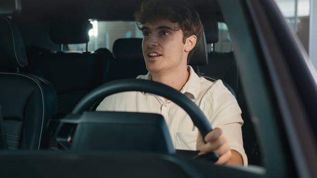 Caucasian businessman happy excited guy business man successful winner male driver in car automobile win mobile phone success achievement victory in auto smartphone winning joyful prize opportunity photo