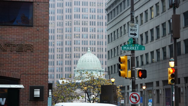 The beautiful Philadelphia city view in the rainy winter day photo