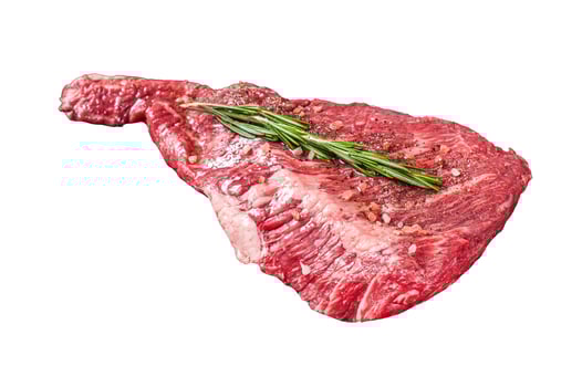 Seasoned raw tri-tip beef meat steak on plate. Isolated, white background. photo
