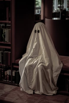 Child dressed as a white ghost in a library room photo