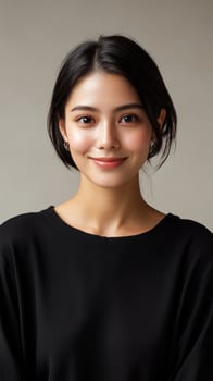 Natural portrait of a young woman with soft features smiling against a neutral background photo