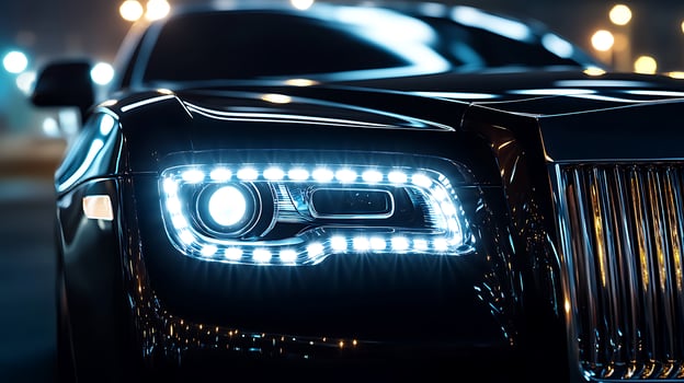 Close-Up of Sleek Headlights on a Luxury Car at Night photo