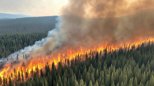 Wildfire spreads rapidly through dense forest in a mountainous region during dry weather photo