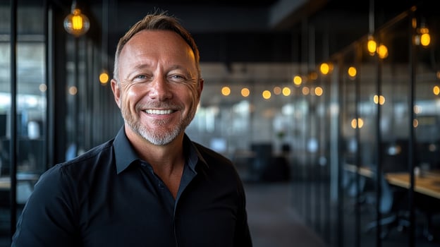 Man with a friendly smile stands in a stylish office filled with warm light and contemporary decor photo