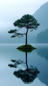 A tranquil pine tree rises on an island in still waters, enveloped by fog and distant mountains at dawn photo