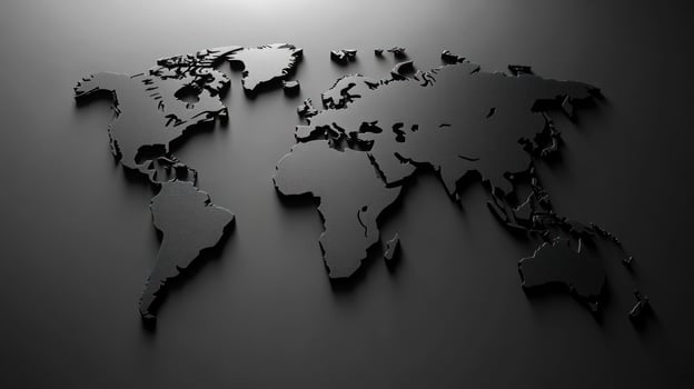 Black world map displaying geographic outlines with shadows against a dark background photo