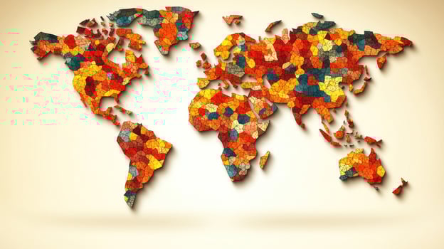 A vibrant map showcases global diversity through colorful segments representing various regions and cultures photo