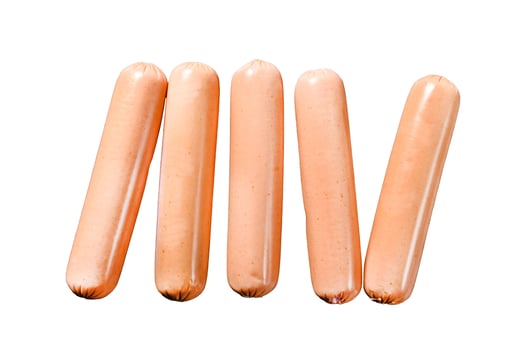 Classic raw meat chicken sausages. Isolated on white background. Top view. photo