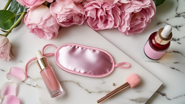 Pink silk sleep mask with flowers and cosmetics image. Composition with nap accessory and feminine items photography scene wallpaper. Lazy morning concept photorealistic photo