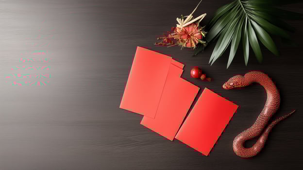 Red decorations and a snake on a dark wooden table for a festive celebration or event photo