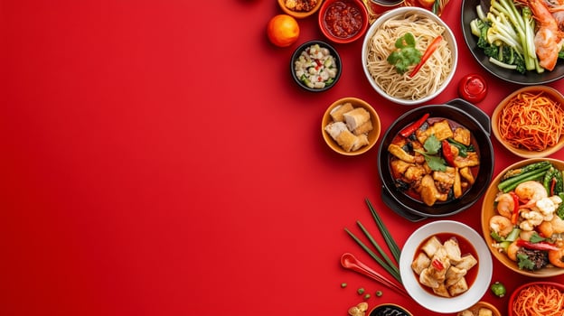 Colorful array of Asian dishes presented elegantly on a vibrant red background during a festive gathering photo