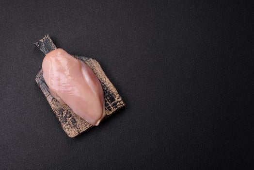 Pieces of raw chicken or turkey fillet with salt, spices and herbs photo