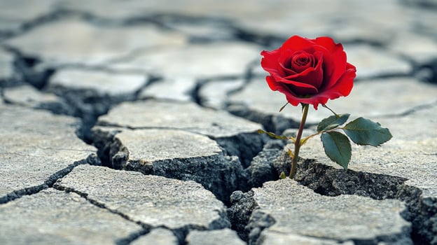 A vibrant red rose grows through cracked stone, symbolizing perseverance amid adversity photo