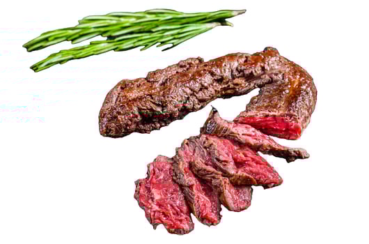 Sliced grilled Onglet Hanging Tender steak Isolated on white background, top view. photo