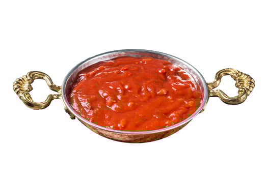 Classic Italian tomato sauce with basil for pasta and pizza in skillet. Isolated, white background. photo
