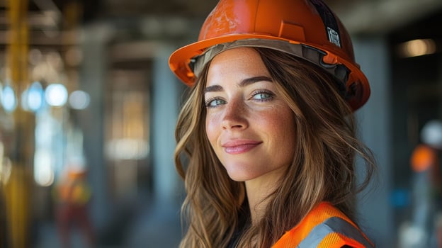 confident woman engineer wearing hard hat and safety vest on construction site photo