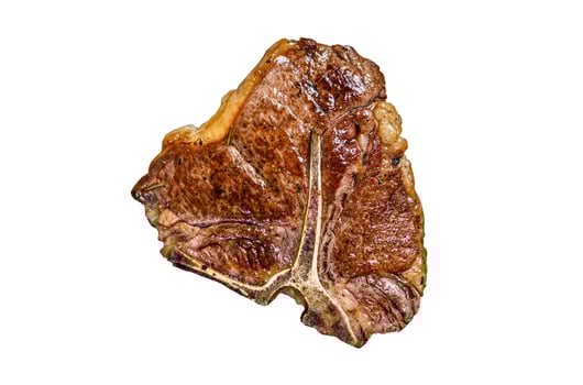 BBQ Grilled t-bone beef meat Steak with herbs on a plate. Isolated on white background. photo