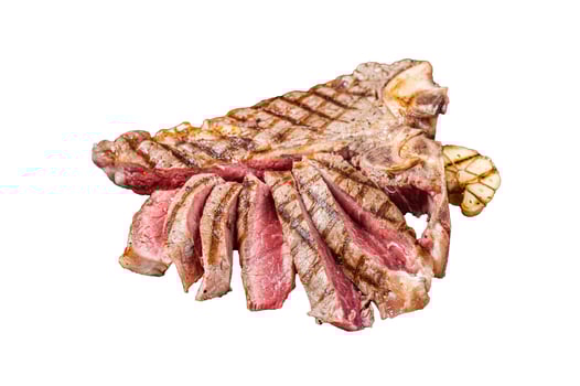 Grilled Medium rare Porterhouse, T-Bone Steak sliced in a plate. Isolated, white background. photo