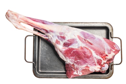 Raw whole lamb leg, fresh mutton meat isolated on white background. top view photo