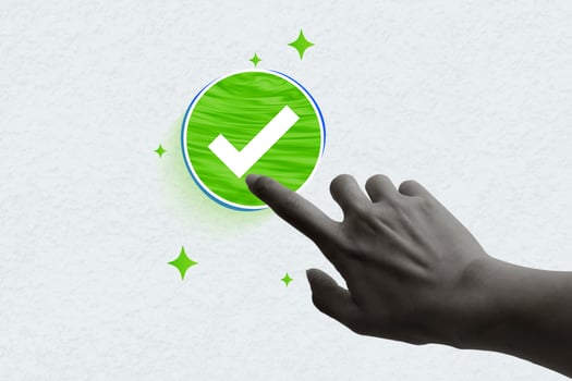Hand click touch the check mark icon. Concept of planning, approval, voting. Art collage digital pop modern art photo