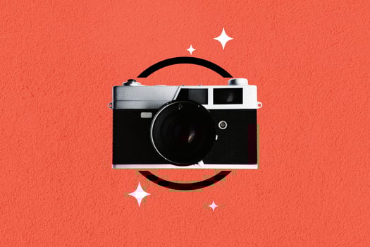 Old black vintage retro photo camera isolated on red background. Art collage digital pop modern art