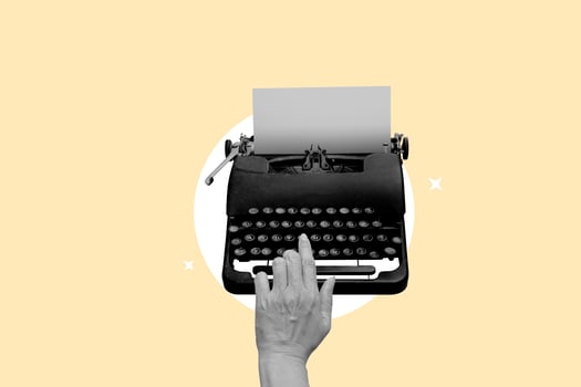 Vintage typewriter with blank paper sheet on yellow background. Art collage digital pop modern art photo