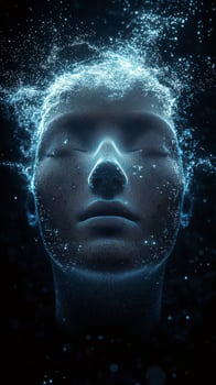 Digital artistry showcases a luminous female face formed by flowing particles in dark space photo
