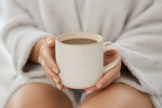 Warm beverage held in hands, cozy moment captured at home on a chilly day photo