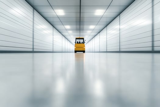 Busy warehouse operations with a forklift moving quickly past stacked pallets during night shift photo