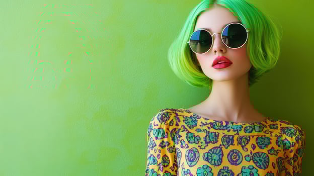 A vibrant woman with vivid green hair, a colorful dress, and round sunglasses stands photo