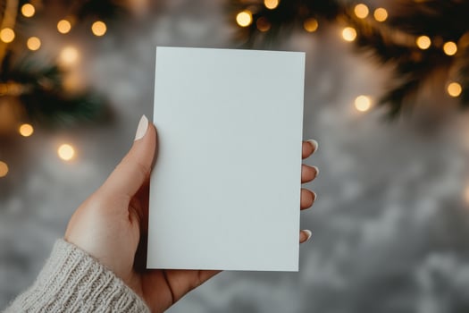 Hand holding blank card in front of sparkling lights during festive season photo