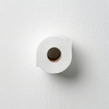 White toilet paper roll hanging on a plain wall in a modern restroom photo