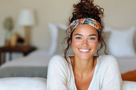 Smiling woman with headband in cozy living room during daytime photo