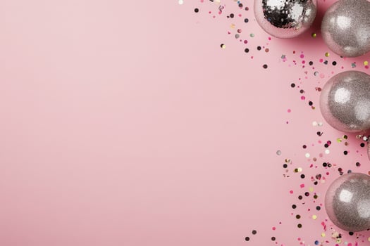 Pink background with shiny decorations and sparkling confetti for a festive celebration photo