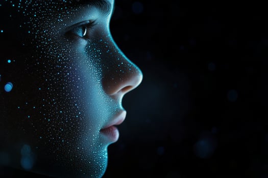 Intricate profile of a person with shimmering droplets reflecting light in dark setting photo