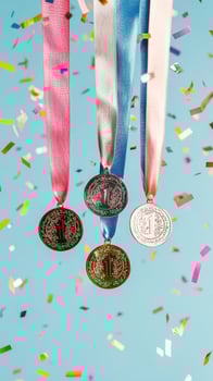 Medals hang against a blue background with confetti celebrating achievement photo