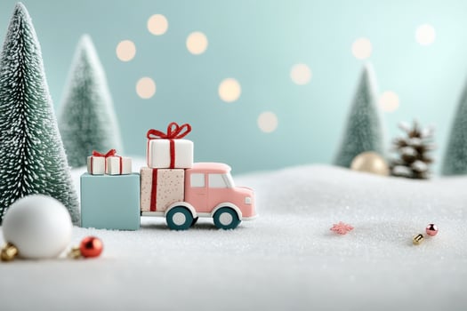 Miniature truck carrying holiday gifts in a snowy winter landscape with evergreen trees photo