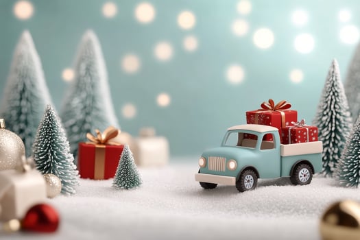Miniature truck carrying holiday gifts in a snowy winter landscape with evergreen trees photo