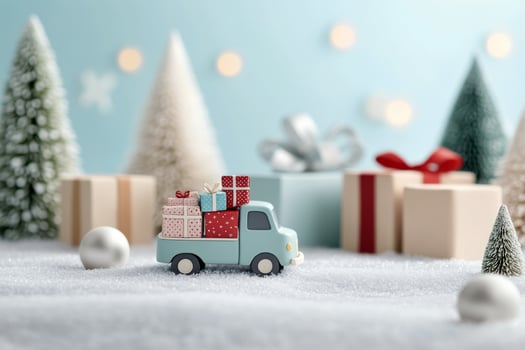 Miniature truck carrying holiday gifts in a snowy winter landscape with evergreen trees photo