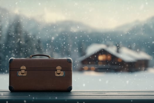 Stacked vintage suitcases on wooden deck with snowy mountains in the background photo
