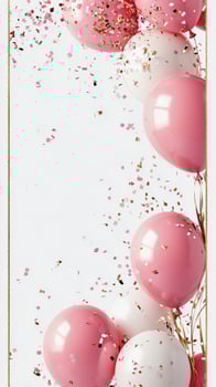Celebration setup with pastel balloons and confetti on a pink background for a special event photo