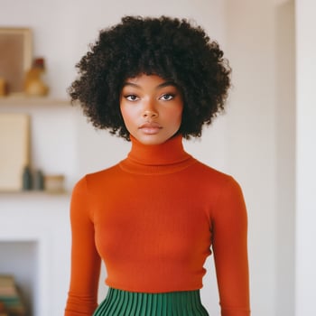 Stylish portrait of a woman in a vibrant turtleneck sweater and pleated skirt photo