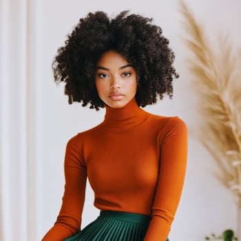 Stylish portrait of a woman in a vibrant turtleneck sweater and pleated skirt photo