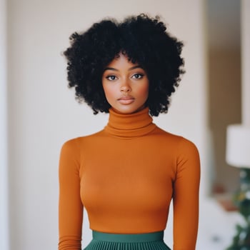 Stylish portrait of a woman in a vibrant turtleneck sweater and pleated skirt photo