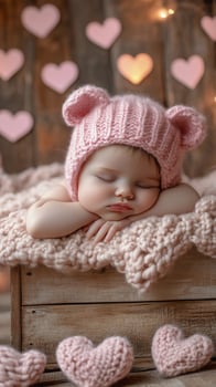 Baby sleeping peacefully on a knitted blanket with hearts in the background photo
