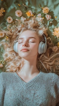 Young woman relaxing with headphones on soft background with flowers in springtime photo